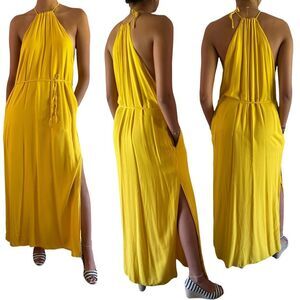 Urban Outfitters Halter Maxi Sun Dress Oversize XS Sleevless Slit Pockets Yellow